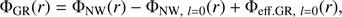 $$ \begin{aligned} \Phi _{\rm GR}(r) = \Phi _{\rm NW}(r) - \Phi _{\mathrm{NW},~l=0}(r) + \Phi _{\mathrm{eff.GR},~l=0}(r), \end{aligned} $$