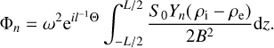 $$ \begin{aligned} \Phi _n = \omega ^{2} \mathrm{e}^{il^{-1}\Theta }\int _{-L/2}^{L/2} \frac{S_0 Y_n(\,\rho _{\rm i} - \rho _{\rm e})}{2B^{2}}\mathrm{d}z . \end{aligned} $$