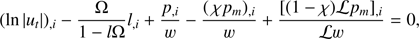 $$ \begin{aligned} {(\ln |{u_t}|)_{,i}} - \frac{\Omega }{{1 - l\Omega }}{l_{,i}} + \frac{{{p_{,i}}}}{w} - \frac{{{{(\chi {p_m})}_{,i}}}}{w} + \frac{{{{[(1 - \chi )\mathcal{L}{p_m}]}_{,i}}}}{{\mathcal{L}w}} = 0, \end{aligned} $$