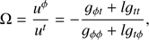 $$ \begin{aligned} \Omega =\frac{u^{\phi }}{u^{t}}=-\frac{g_{\phi t}+lg_{tt}}{g_{\phi \phi }+lg_{t\phi }}, \end{aligned} $$