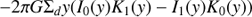 Mathematical equation: $$ - 2\pi G{\sum _d}y\left( {{I_0}\left( y \right){K_1}\left( y \right) - {I_1}\left( y \right){K_0}\left( y \right)} \right)$$