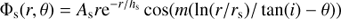 Mathematical equation: $${\Phi _{\rm{s}}}(r,\theta ) = {A_{\rm{s}}}r{{\rm{e}}^{ - r/{h_{\rm{s}}}}}\cos (m(\ln (r/{r_{\rm{s}}})/\tan (i) - \theta )),$$