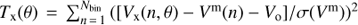 Mathematical equation: $${T_{\rm{x}}}(\theta ) = \sum\nolimits_{n = 1}^{{N_{{\rm{bin}}}}} {{{([{V_{\rm{x}}}(n,\theta ) - {V^{\rm{m}}}(n) - {V_{\rm{o}}}]/\sigma ({V^{\rm{m}}}))}^2}} $$