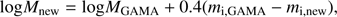 $$ \begin{aligned} \mathrm{log} M_{\rm new} = \mathrm{log} M_{\rm GAMA} + 0.4(m_{\rm i,GAMA} - m_{\rm i,new}), \end{aligned} $$