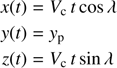 $$ \begin{aligned} x(t)&= V_{\mathrm{c}} \, t \cos {\lambda } \nonumber \\ {y}(t)&= {y}_{\mathrm{p}} \nonumber \\ z(t)&= V_{\mathrm{c}} \, t \sin {\lambda } \end{aligned} $$