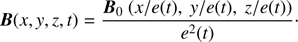 $$ \begin{aligned} \boldsymbol{B}(x,{y},z,t) = \frac{\boldsymbol{B}_0~(x/e(t),~{y}/e(t),~z/e(t))}{e^2(t)}\cdot \end{aligned} $$
