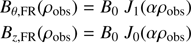 $$ \begin{aligned} B_{\theta ,\mathrm{FR}} (\rho _{\mathrm{obs}})&= B_{0} ~J_1(\alpha \rho _{\mathrm{obs}}) \nonumber \\ B_{z,\mathrm{FR}} (\rho _{\mathrm{obs}})&= B_{0} ~J_0(\alpha \rho _{\mathrm{obs}}) \end{aligned} $$