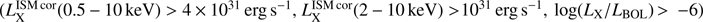 ($L_{\rm X}^{\rm ISM\,cor}(0.5-10\,{\rm keV})>\,4\,\times10^{31}\,{\rm erg\,s}^{-1}, L_{\rm X}^{\rm ISM\,cor}(2-10\,{\rm keV})>10^{31}\,{\rm erg\,s}^{-1}, {\rm log}\,(L{\rm_X}/L{\rm_{BOL}})\,>\,-6$)