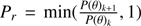 Mathematical equation: $ P_r = \min(\frac{P(\theta)_{k+1}}{P(\theta)_{k}},1) $
