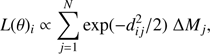 Mathematical equation: $$ \begin{aligned} L(\theta )_i \propto \sum _{j=1}^N \exp (-d_{ij}^2/2) \; \Delta M_j , \end{aligned} $$