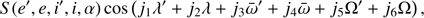 $$ \begin{aligned} S(e^\prime , e, i^\prime , i, \alpha )\cos \left(j_{1}\lambda ^\prime +j_{2}\lambda +j_{3}\bar{\omega }^\prime +j_{4}\bar{\omega }+j_{5}\Omega ^\prime +j_{6}\Omega \right), \end{aligned} $$