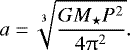 \begin{equation*}a = \sqrt[3]{\frac{GM_{\star}P^2}{4\uppi^2}}. \end{equation*}