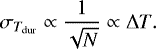 \begin{equation*}\sigma_{T_{\textrm{dur}}} \propto \frac{1}{\sqrt{N}} \propto \mathrm{\Delta} T. \end{equation*}