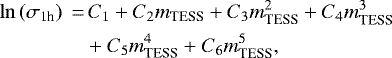 \begin{align*}\ln{\left(\sigma_{\textrm{1h}}\right)} \,=&\, C_1 &#x002B; C_2m_{\textrm{TESS}} &#x002B; C_3m_{\textrm{TESS}}^2 &#x002B; C_4m_{\textrm{TESS}}^3 \nonumber\\ &&#x002B;C_5m_{\textrm{TESS}}^4 &#x002B; C_6m_{\textrm{TESS}}^5, \end{align*}