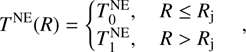 Mathematical equation: $${T^{{\rm{NE}}}}(R) = \left\{ {\begin{array}{ccccccccccccccc}{T_0^{{\rm{NE}}},}&{R \le {R_{\rm{j}}}}\\{T_1^{{\rm{NE}}},}&{R > {R_{\rm{j}}}}\end{array}} \right.,$$