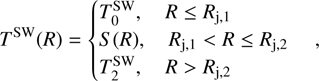 Mathematical equation: $${T^{{\rm{sw}}}}(R) = \left\{ {\begin{array}{ccccccccccccccc}{T_0^{{\rm{sw}}},}&{R \le {R_{{\rm{j,1}}}}}\\{S(R),}&{{R_{{\rm{j,1}}}} < R \le {R_{{\rm{j,2}}}}}\\{T_2^{{\rm{sw}}},}&{R > {R_{{\rm{j,2}}}}}\end{array}} \right.,$$