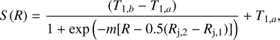 Mathematical equation: $$ S{(R)}=\frac{\left(T_{1,b}-T_{1,a}\right)}{1+{\rm exp}{\left(-m{\left[R-0.5{\left(R_\text{j,2}-R_\text{j,1}\right)}\right]}\right)}}+T_{1,a}, $$