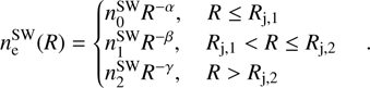Mathematical equation: $$n_{\rm{e}}^{{\rm{SW}}}(R) = \left\{ {\begin{array}{ccccccccccccccc}{n_0^{{\rm{sw}}}{R^{ - \alpha }},}&{R \le {R_{{\rm{j,1}}}}}\\{n_1^{{\rm{sw}}}{R^{ - \beta }},}&{{R_{{\rm{j,1}}}} < R \le {R_{{\rm{j,2}}}}}\\{n_2^{{\rm{sw}}}{R^{ - \gamma }},}&{R > {R_{{\rm{j,2}}}}}\end{array}} \right..$$