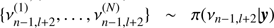 $ \{\nu^{(1)}_{n-1,l+2},\dots,\nu^{(N)}_{n-1,l+2}\} \sim \pi(\nu_{n-1,l+2}|{\boldsymbol{{y}}}) $