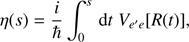 Mathematical equation: $$ \begin{aligned} \eta (s)= \frac{i}{\hbar }\int ^s_0 \, \mathrm{d}t \; V_{e{^{\prime }} e}[R(t)] , \end{aligned} $$