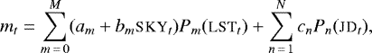 Mathematical equation: \begin{align*} m_t = \sum_{m\,=\,0}^M (a_m + b_m \textsc{sky}_t) P_m(\textsc{lst}_t) + \sum_{n\,=\,1}^N c_n P_n(\textsc{jd}_t),\end{align*}