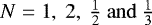Mathematical equation: $N=1,~2,~\frac{1}{2}\rm{~and~}\frac{1}{3}$