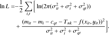 Mathematical equation: \begin{align*} \ln L =& {-}\frac{1}{2} \sum_{i,t} \bigg[\ln(2\pi(\sigma_{it}^2 + \sigma_i^2 + \sigma_{qt}^2))\nonumber\\ &+ \frac{(m_{it} - m_i - c_{qt} - T_{nk} - f(x_{it}, y_{it}))^2}{\sigma_{it}^2 + \sigma_i^2 + \sigma_{qt}^2}\bigg].\end{align*}