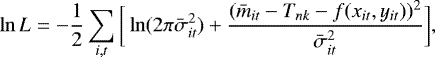 Mathematical equation: \begin{equation*} \ln L = -\frac{1}{2}\sum_{i,t} \bigg[\ln(2\pi\bar{\sigma}_{it}^2) + \frac{(\bar{m}_{it} - T_{nk} - f(x_{it}, y_{it}))^2}{\bar{\sigma}_{it}^2}\bigg],\end{equation*}