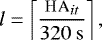 Mathematical equation: \begin{align*} l = \left\lceil{\frac{\textsc{ha}_{it}}{320 \rm{~s}}}\right\rceil, \end{align*}