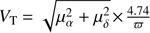 Mathematical equation: $ V_\mathrm T=\sqrt{\mu_\alpha^2+\mu_\delta^2}\times\frac{4.74}\varpi $