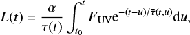 $ \begin{equation}\label{eq:1} L(t)=\frac{\alpha}{\tau(t)}\int_{t_0}^{t}F_{\rm UV}{\rm e}^{-(t-u)/\bar{\tau}(t,u)}{\rm d}u, \end{equation} $