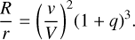 Mathematical equation: $$ \begin{aligned} \frac{R}{r} ={\left(\frac{{ v}}{V}\right)^2}{\left(1+q\right)^3}. \end{aligned} $$
