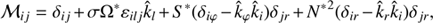 $$ \begin{aligned} \mathcal{M} _{ij} = \delta _{ij} + \sigma \Omega ^*\varepsilon _{ilj}\hat{k}_{l} +S^*(\delta _{i\varphi }-\hat{k}_\varphi \hat{k}_i)\delta _{jr} +{N^*}^2(\delta _{ir} - \hat{k}_{r}\hat{k}_i)\delta _{jr}, \end{aligned} $$