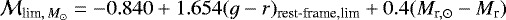 \begin{equation*} \mathcal{M}_{\textrm{lim},\,M_{\odot}}=-0.840&#x002B;1.654(g-r)_{\textrm{rest-frame,lim}} &#x002B; 0.4(M_{\textrm{r},\odot} - M_{\textrm{r}}) \end{equation*}