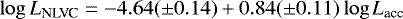 \begin{equation*} \log {L}_{\textrm{NLVC}} = -4.64(\pm0.14) + 0.84(\pm0.11) \log {L}_{\textrm{acc}} \end{equation*}