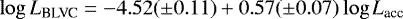 \begin{equation*} \log {L}_{\textrm{BLVC}} = -4.52(\pm0.11) + 0.57(\pm0.07) \log {L}_{\textrm{acc}} \end{equation*}