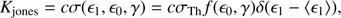 $$ \begin{aligned} K_{\rm jones} = c \sigma (\epsilon _1, \epsilon _0, \gamma ) = c \sigma _{\rm Th} f(\epsilon _0, \gamma ) \delta (\epsilon _1 - \langle \epsilon _1\rangle ) ,\end{aligned} $$