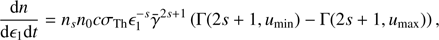$$ \begin{aligned} \frac{{\mathrm{d} }n}{{\mathrm{d} }\epsilon _1 {\mathrm{d} }t} = n_s n_0 c \sigma _{\rm Th} \epsilon _1^{-s} \bar{\gamma }^{2s+1} \left(\Gamma (2s+1, u_{\rm min}) - \Gamma (2s+1, u_{\rm max}) \right), \end{aligned} $$