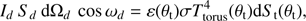 $$ \begin{aligned} I_d \, S_d \, {\mathrm{d} }\Omega _d \, \cos \omega _d = \varepsilon (\theta _{\rm t}) \sigma T_{\rm torus}^4(\theta _{\rm t}) {\mathrm{d} }S_{\rm t} (\theta _{\rm t}) ,\end{aligned} $$