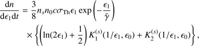 $$ \begin{aligned} \frac{{\mathrm{d} }n}{{\mathrm{d} }\epsilon _1 {\mathrm{d} }t}&= \frac{3}{8} n_s n_0 c \sigma _{\rm Th} \epsilon _1 \exp \left(-\frac{\epsilon _1}{\bar{\gamma }}\right) \nonumber \\&\;\; \times \left\{ \left(\ln (2\epsilon _1) +\frac{1}{2} \right) K_1^{(s)}(1/\epsilon _1, \epsilon _0) + K_2^{(s)}(1/\epsilon _1, \epsilon _0) \right\} ,\end{aligned} $$