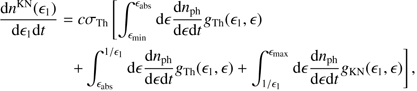 $$ \begin{aligned}&\frac{{\mathrm{d} }n^\mathrm{KN}(\epsilon _{1}) }{{\mathrm{d} }\epsilon _{1} {\mathrm{d} }t} = c \sigma _{\rm Th} \left[ \int _{\epsilon _{\rm min}}^{\epsilon _{\rm abs}} {\mathrm{d} }\epsilon \frac{{\mathrm{d} }n_{\mathrm{ph}}}{{\mathrm{d} }\epsilon {\mathrm{d} }t} { g}_{\rm Th}(\epsilon _{1},\epsilon ) \right. \nonumber \\&\qquad \qquad \left. + \int _{\epsilon _{\rm abs}}^{1/\epsilon _{1}} {\mathrm{d} }\epsilon \frac{{\mathrm{d} }n_{\mathrm{ph}}}{{\mathrm{d} }\epsilon {\mathrm{d} }t} { g}_{\rm Th}(\epsilon _{1},\epsilon ) + \int _{1/\epsilon _{1}}^{\epsilon _{\rm max}} {\mathrm{d} }\epsilon \frac{{\mathrm{d} }n_{\mathrm{ph}}}{{\mathrm{d} }\epsilon {\mathrm{d} }t} { g}_{\rm KN}(\epsilon _{1},\epsilon ) \right], \end{aligned} $$