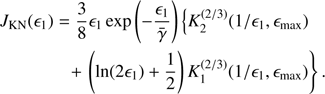 $$ \begin{aligned} J_{\rm KN}(\epsilon _1)&= \frac{3}{8} \epsilon _1 \exp \left(-\frac{\epsilon _1}{\bar{\gamma }}\right) \left\{ K_2^{(2/3)}(1/\epsilon _1, \epsilon _{\rm max}) \right. \nonumber \\&\;\; + \left. \left(\ln (2\epsilon _1) +\frac{1}{2} \right) K_1^{(2/3)}(1/\epsilon _1, \epsilon _{\rm max}) \right\} . \end{aligned} $$