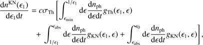 $$ \begin{aligned}&\frac{{\mathrm{d} }n^\mathrm{KN}(\epsilon _{1}) }{{\mathrm{d} }\epsilon _{1} {\mathrm{d} }t} = c \sigma _{\rm Th} \left[ \int _{\epsilon _{\rm min}}^{1/\epsilon _{1}} {\mathrm{d} }\epsilon \frac{{\mathrm{d} }n_{\mathrm{ph}}}{{\mathrm{d} }\epsilon {\mathrm{d} }t} { g}_{\rm Th}(\epsilon _{1},\epsilon ) \right. \nonumber \\&\qquad \qquad + \left. \int _{1/\epsilon _{1}}^{\epsilon _{\rm abs}} {\mathrm{d} }\epsilon \frac{{\mathrm{d} }n_{\mathrm{ph}}}{{\mathrm{d} }\epsilon {\mathrm{d} }t} { g}_{\rm KN}(\epsilon _{1},\epsilon ) + \int _{\epsilon _{\rm abs}}^{\epsilon _0} {\mathrm{d} }\epsilon \frac{{\mathrm{d} }n_{\rm ph}}{{\mathrm{d} }\epsilon {\mathrm{d} }t} { g}_{\rm KN}(\epsilon _{1},\epsilon ) \right], \end{aligned} $$