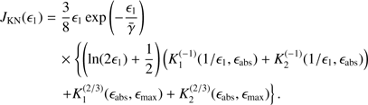 $$ \begin{aligned}&J_{\rm KN}(\epsilon _1) = \frac{3}{8} \epsilon _1 \exp \left(-\frac{\epsilon _1}{\bar{\gamma }}\right)\nonumber \\&\qquad \qquad \times \left\{ \left(\ln (2\epsilon _1) +\frac{1}{2} \right) \left( K_1^{(-1)}(1/\epsilon _1, \epsilon _{\rm abs}) + K_2^{(-1)}(1/\epsilon _1, \epsilon _{\rm abs})\right) \right.\nonumber \\&\qquad \qquad \left. + K_1^{(2/3)}(\epsilon _{\rm abs}, \epsilon _{\rm max}) + K_2^{(2/3)}(\epsilon _{\rm abs}, \epsilon _{\rm max}) \right\} . \end{aligned} $$