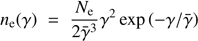 $ {\displaystyle}n_{\mathrm{e}}(\gamma) = \frac{N_{\mathrm{e}}}{2\bar{\gamma}^{3}}\gamma^{2}\exp\left(-\gamma/\bar{\gamma}\right) $