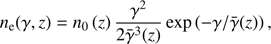 $$ \begin{aligned} n_{\rm e}(\gamma , z) = n_{0}\left(z\right) \frac{\gamma ^{2}}{2 \bar{\gamma }^{3}(z)} \exp \left(-\gamma /\bar{\gamma }(z)\right) , \end{aligned} $$