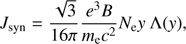 $$ \begin{aligned} J_{\rm syn} = \frac{\sqrt{3}}{16 \pi } \frac{e^3 B}{m_{\rm e} c^2} N_{\rm e} { y} \, \Lambda ({ y}) , \end{aligned} $$
