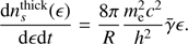 $$ \begin{aligned} \frac{{\mathrm{d} }n_s^\mathrm{thick}(\epsilon )}{{\mathrm{d} }\epsilon {\mathrm{d} }t} = \frac{8 \pi }{R} \frac{m_{\rm e}^2 c^2}{h^2} \bar{\gamma } \epsilon . \end{aligned} $$