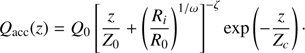 $$ \begin{aligned} Q_{\rm acc}(z) = Q_0 \left[ \frac{z}{Z_0} + \left(\frac{R_i}{R_0} \right)^{1/\omega }\right]^{-\zeta } \exp \left(-\frac{z}{Z_{c}} \right) \cdot \end{aligned} $$