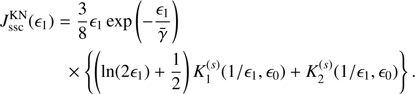 $$ \begin{aligned} J_{\rm ssc}^\mathrm{KN}(\epsilon _1)&= \frac{3}{8} \epsilon _1 \exp \left(-\frac{\epsilon _1}{\bar{\gamma }}\right) \nonumber \\&\;\; \times \left\{ \left(\ln (2\epsilon _1) +\frac{1}{2} \right) K_1^{(s)}(1/\epsilon _1, \epsilon _0) + K_2^{(s)}(1/\epsilon _1, \epsilon _0) \right\} . \end{aligned} $$